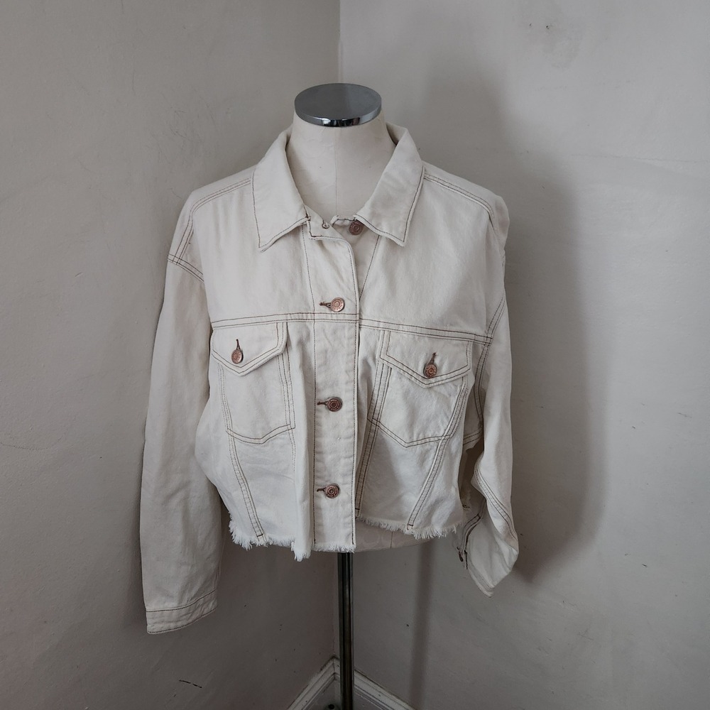 Wild‎ Fable Womens Off White Recycled Cotton Cropped Denim Jacket Raw Hem Medium